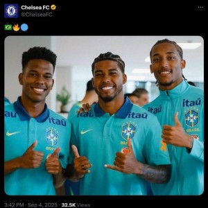 入选本期巴西队，切尔西社媒晒若昂-佩德罗等三人合照